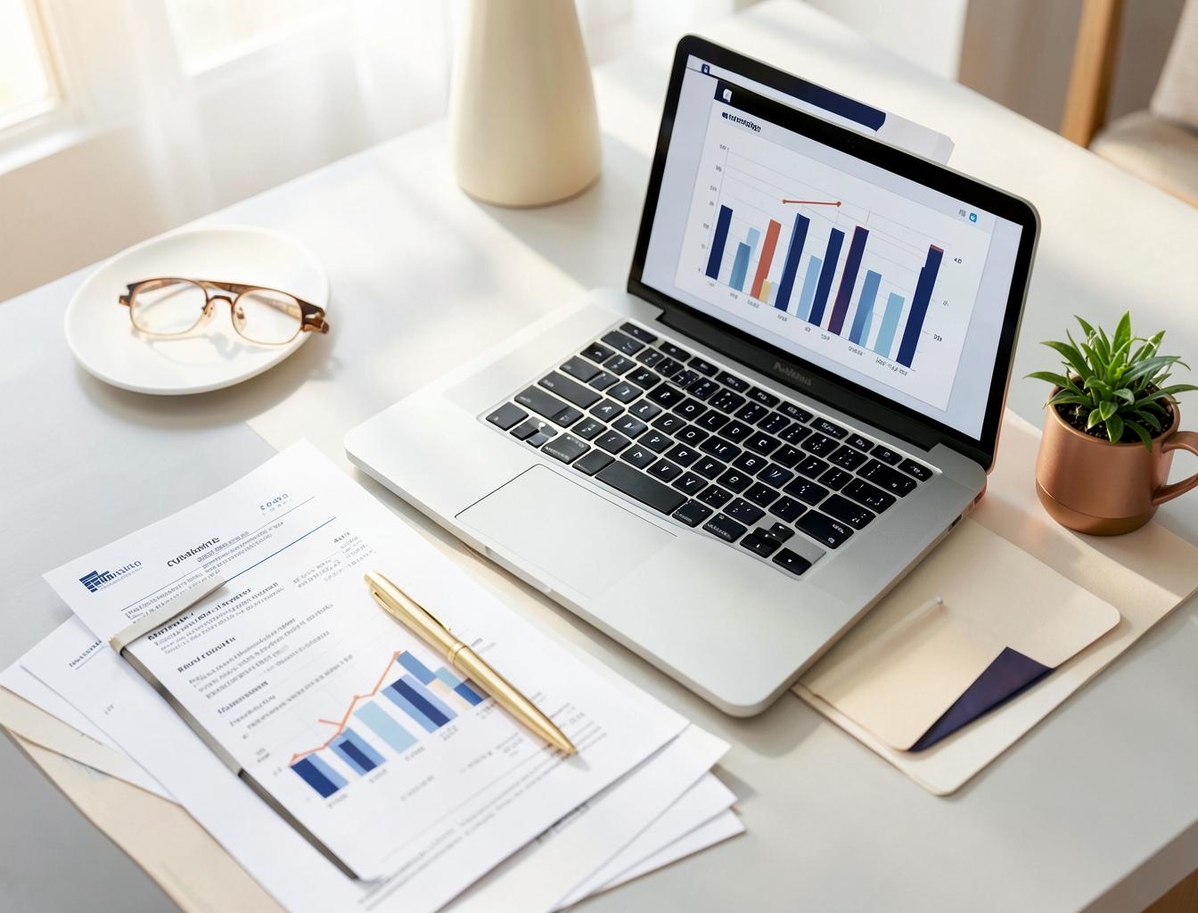 Espacio de trabajo ordenado con reportes financieros y gráficas de crecimiento empresarial